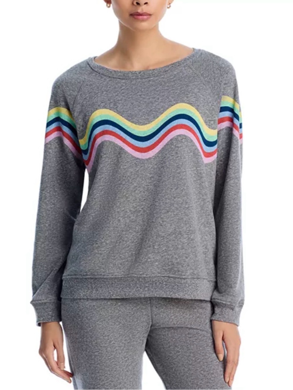 Aqua Gray Sweatshirt with Rainbow Wave Stripes